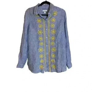 Charter Club Women Size Medium Blue and White Strip‎ Yellow Floral Embroidered